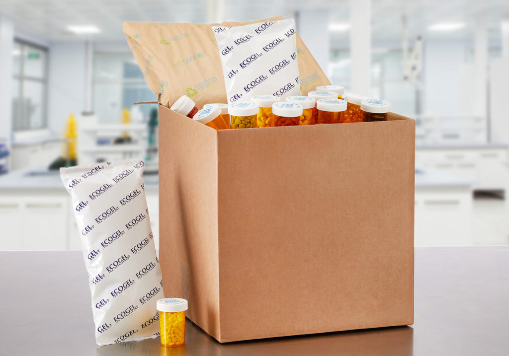 a picture of two ecogel gel packs with a pharmaceuticals delivery box