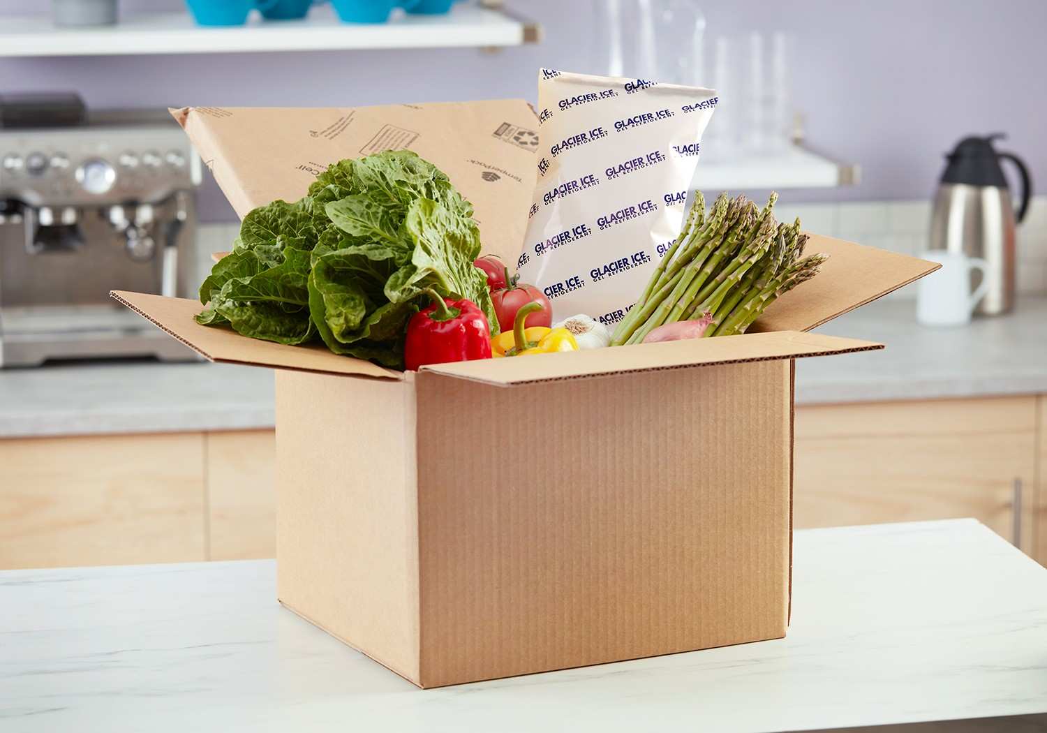 a picture of a glacier ice gel pack with a vegetables delivery box