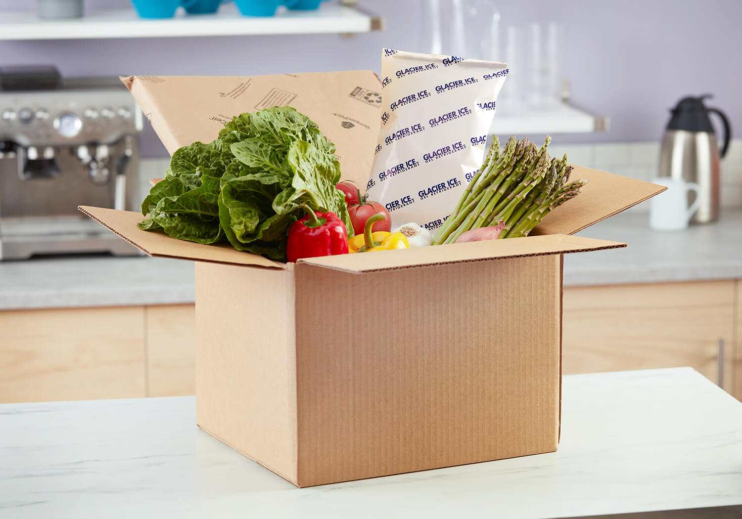 a picture of a glacier ice gel pack in a vegetables delivery box