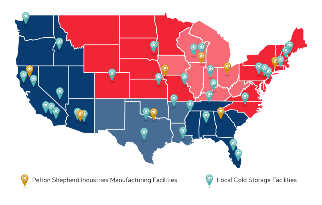 a map of Pelton Shepherd manufacturing facilities and cold storage partners