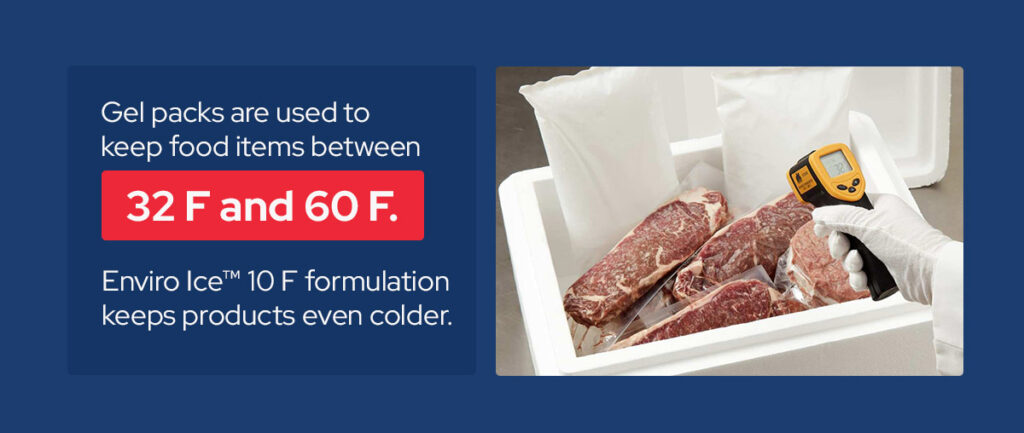 Gel packs keep food cold between 32 and 60