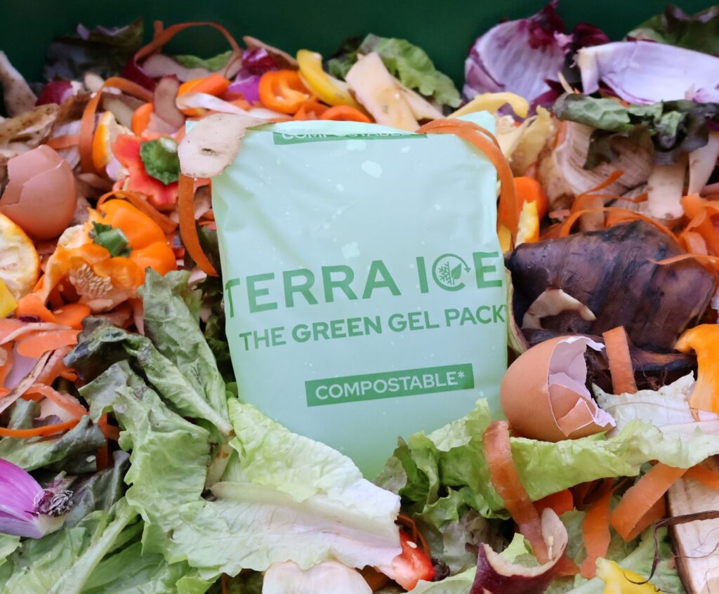 a picture showing a terra ice gel pack in a compost bin