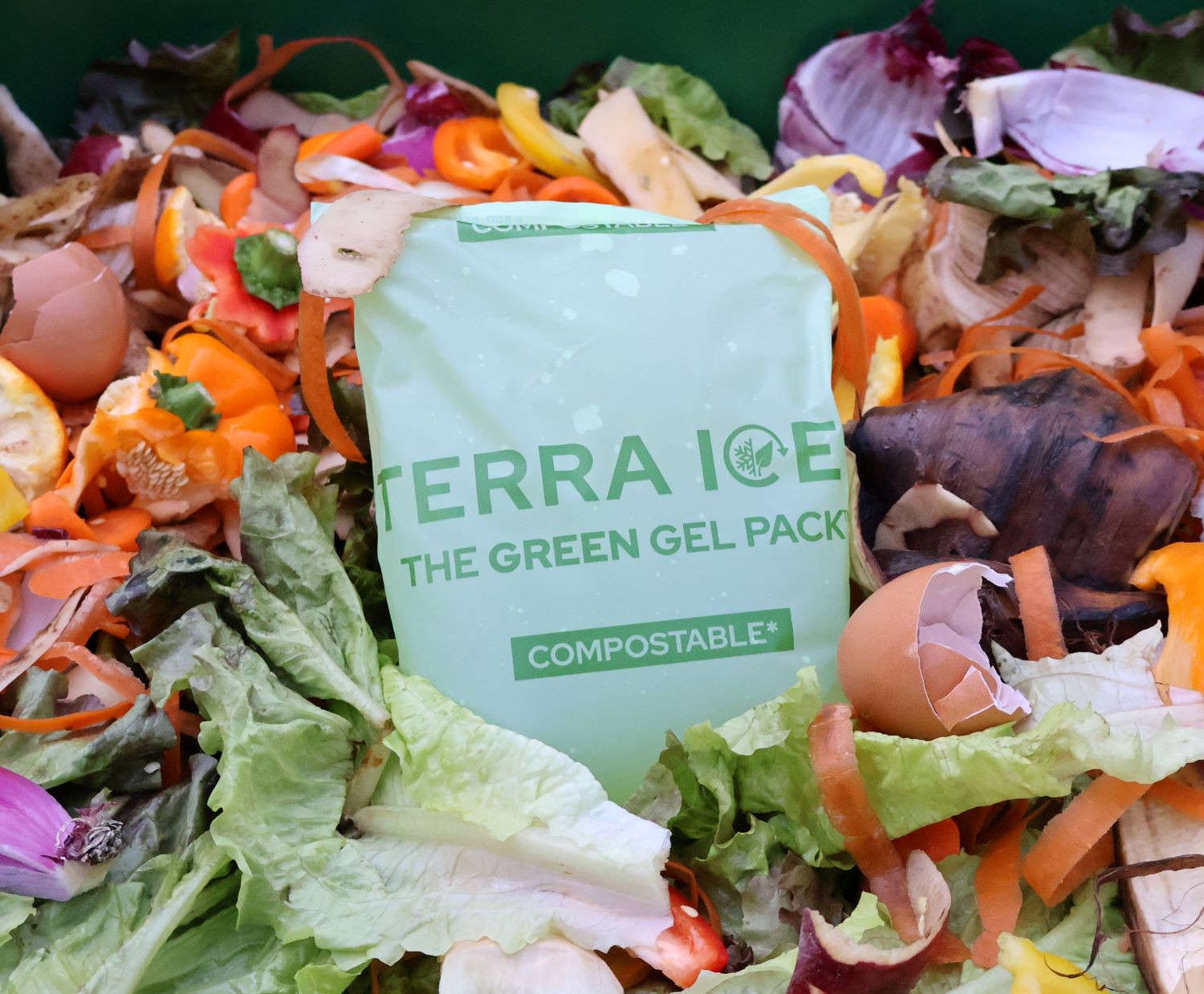 a picture showing a terra ice gel pack in a compost bin 