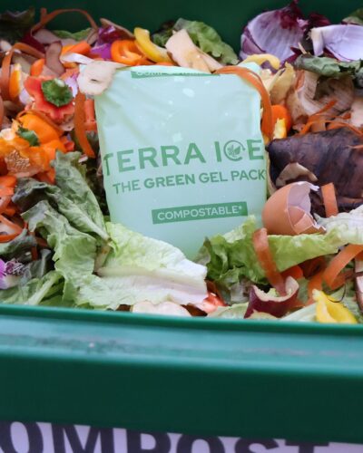 a picture showing a terra ice gel pack in a compost bin